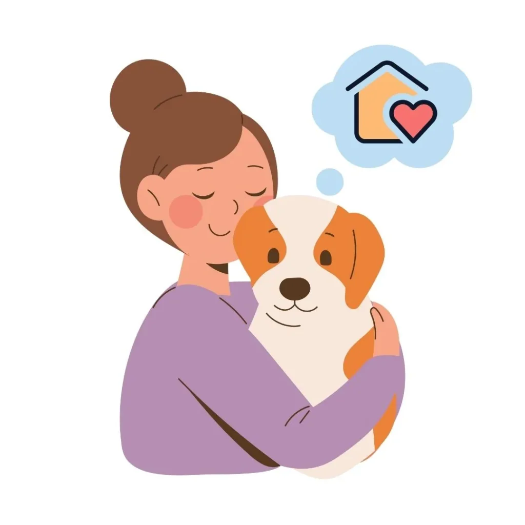 Ilustración de una mujer abrazando a su perro con una expresión de felicidad, mientras el perro piensa en un hogar con amor.