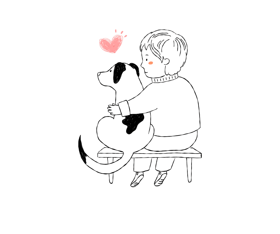 Ilustración de un niño abrazando a un perro con un corazón sobre ellos.