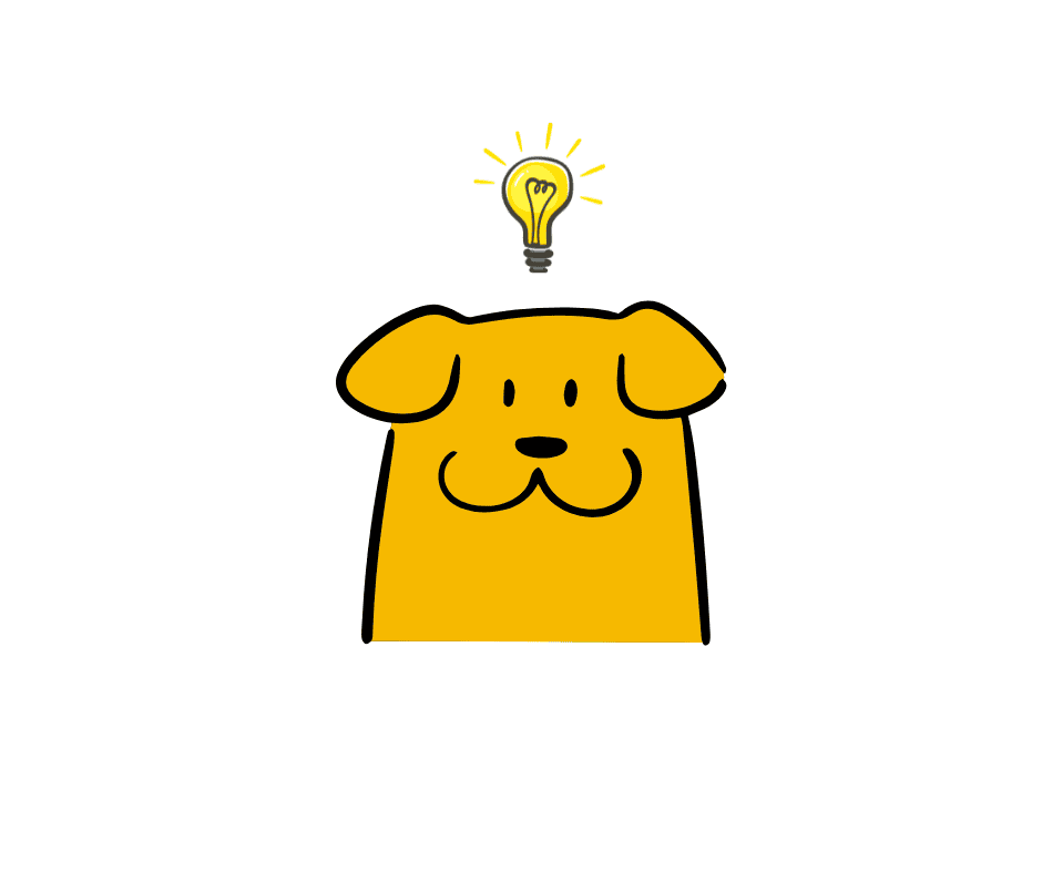 Ilustración de un perro amarillo con una bombilla encendida sobre su cabeza, simbolizando una idea.