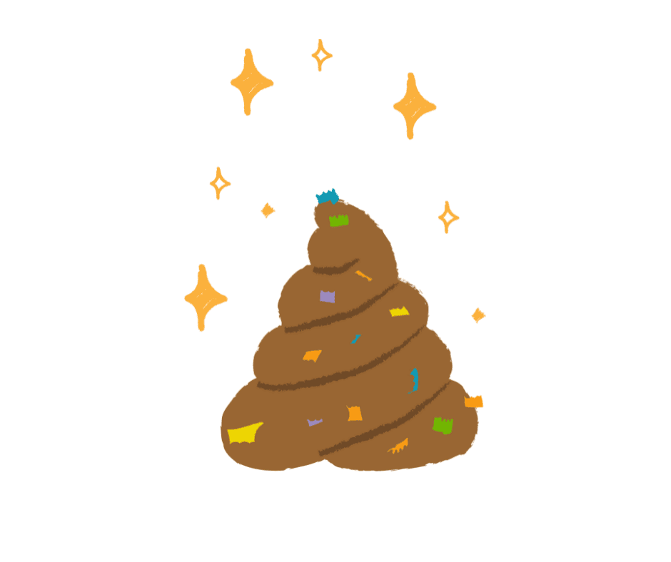 Dibujo de una popó decorada con pedacitos de plástico de colores, con destellos brillantes alrededor.