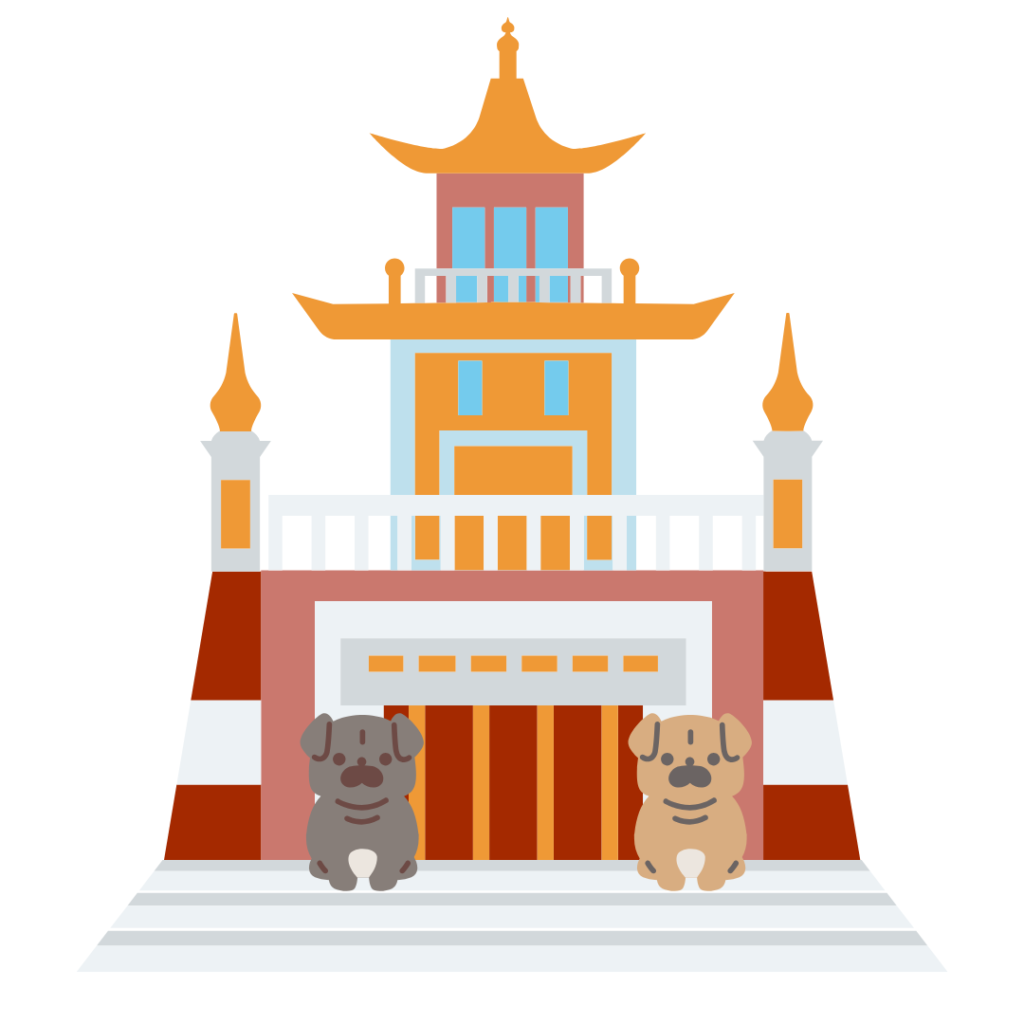 Ilustración de dos perros pug frente a un templo asiático con torres naranjas y detalles geométricos.