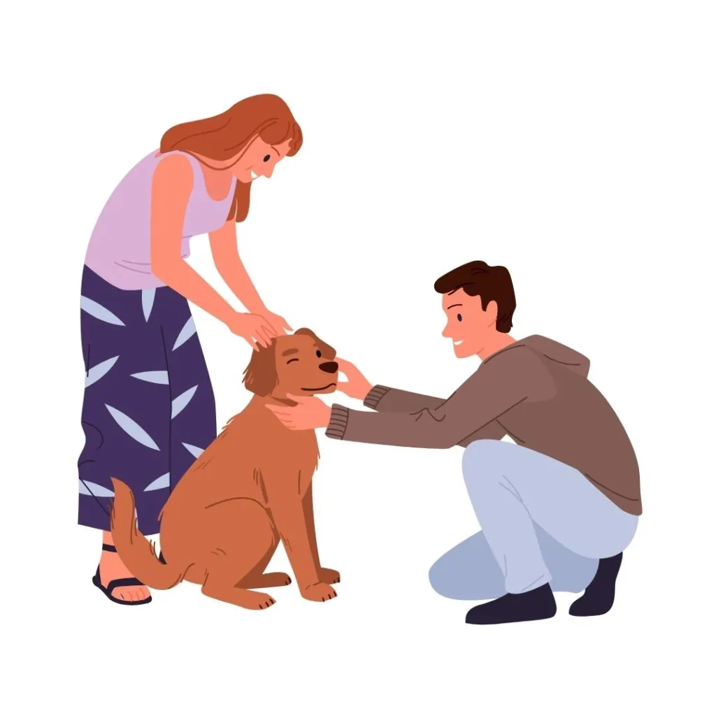 Pareja interactuando con un perro amistoso, acariciándolo con cuidado.