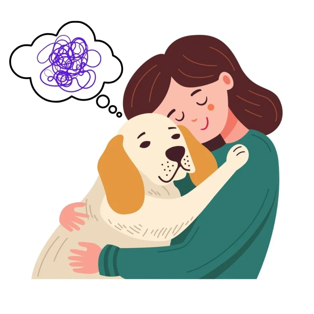 Ilustración de una mujer abrazando a su perro con una nube de pensamientos desordenados.