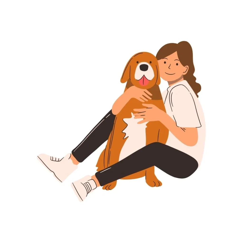 Ilustración de una mujer abrazando a su perro con cariño.