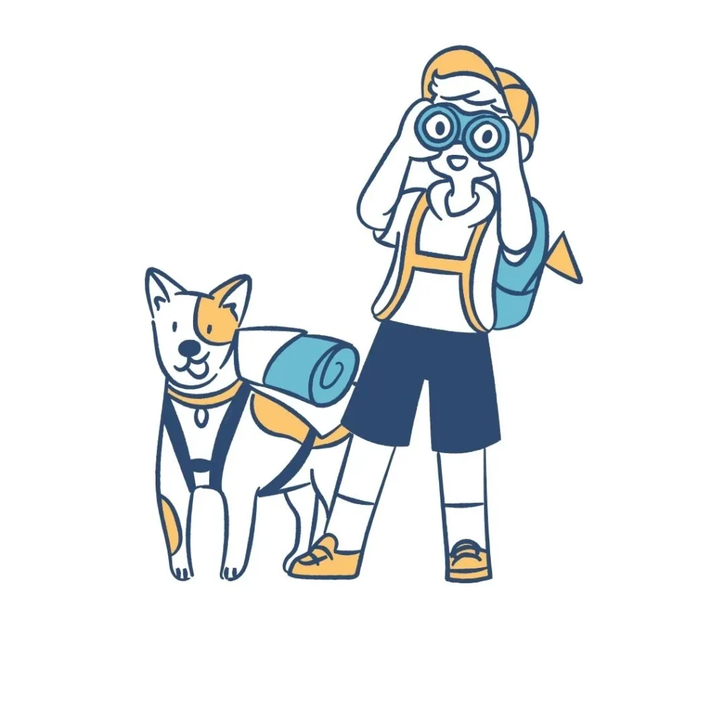 Ilustración de un niño con binoculares explorando junto a su perro con mochila.