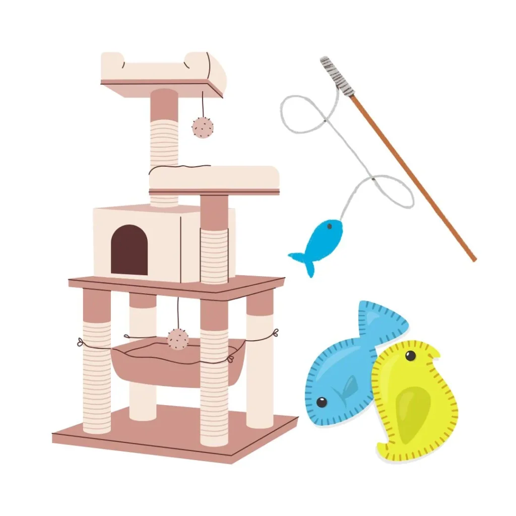 Ilustración de un árbol para gatos con rascadores, juguetes colgantes y peces de tela.