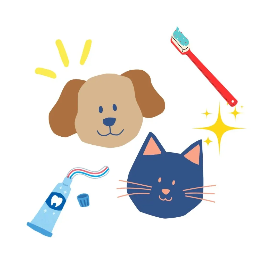 Ilustración de un perro y un gato con productos de higiene dental, como cepillo y pasta de dientes.