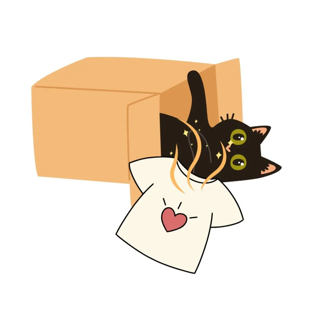 Ilustración de un gato negro dentro de una caja de cartón, frotándose contra una camiseta con un corazón rojo.