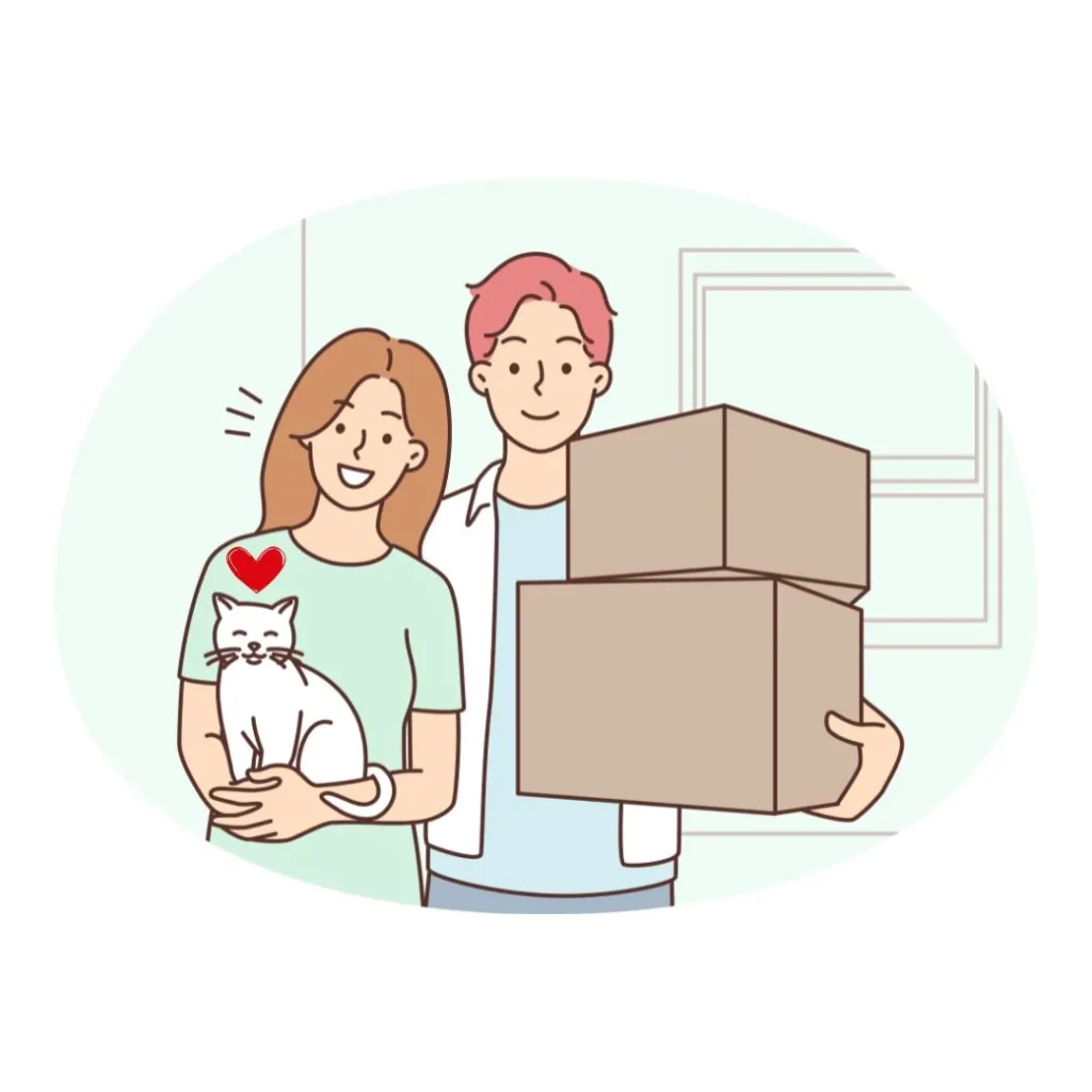 Ilustración de una pareja sonriente con cajas de mudanza, mientras la mujer sostiene cariñosamente a su gato blanco.