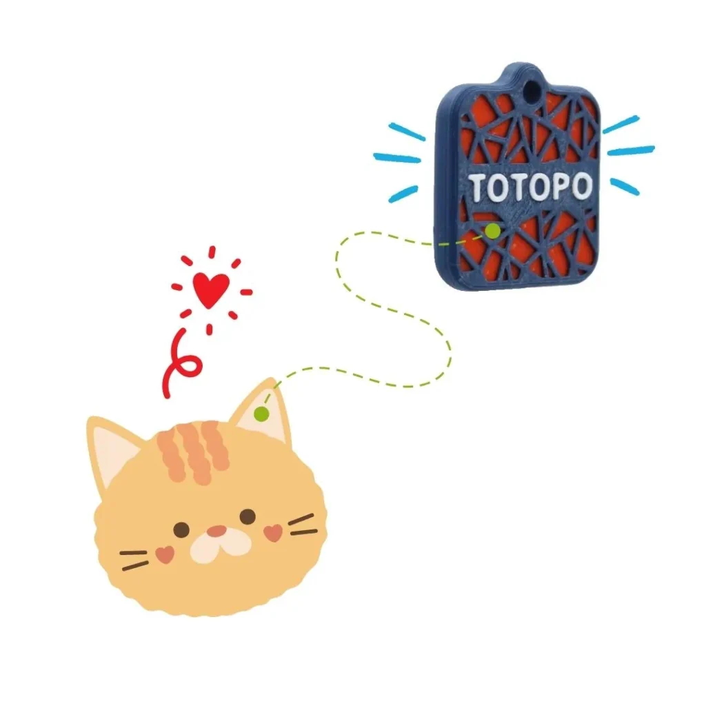 Ilustración de un gato y una placa de identificación con el nombre “Totopo”, destacando la conexión entre la mascota y su identificación.
