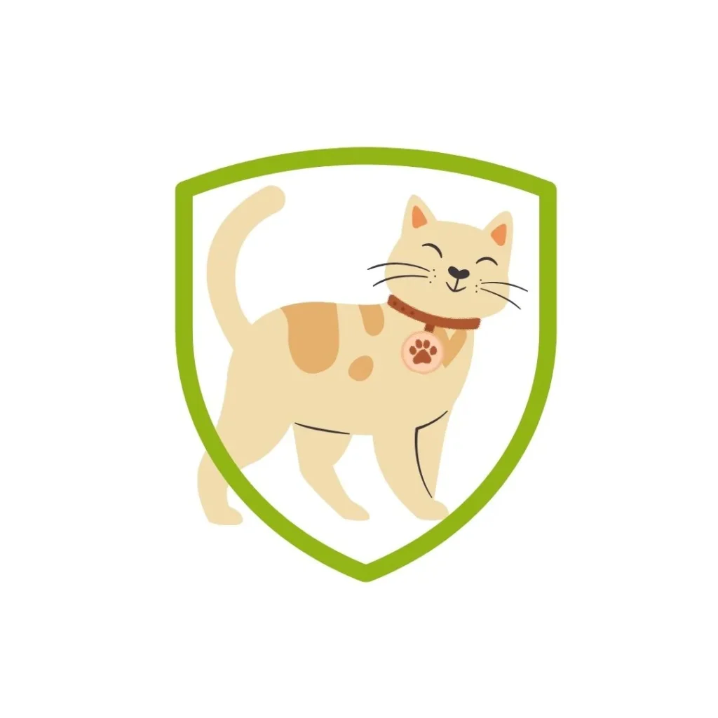 Ilustración de un gato dentro de un escudo verde, representando la seguridad que brinda una placa de identificación.