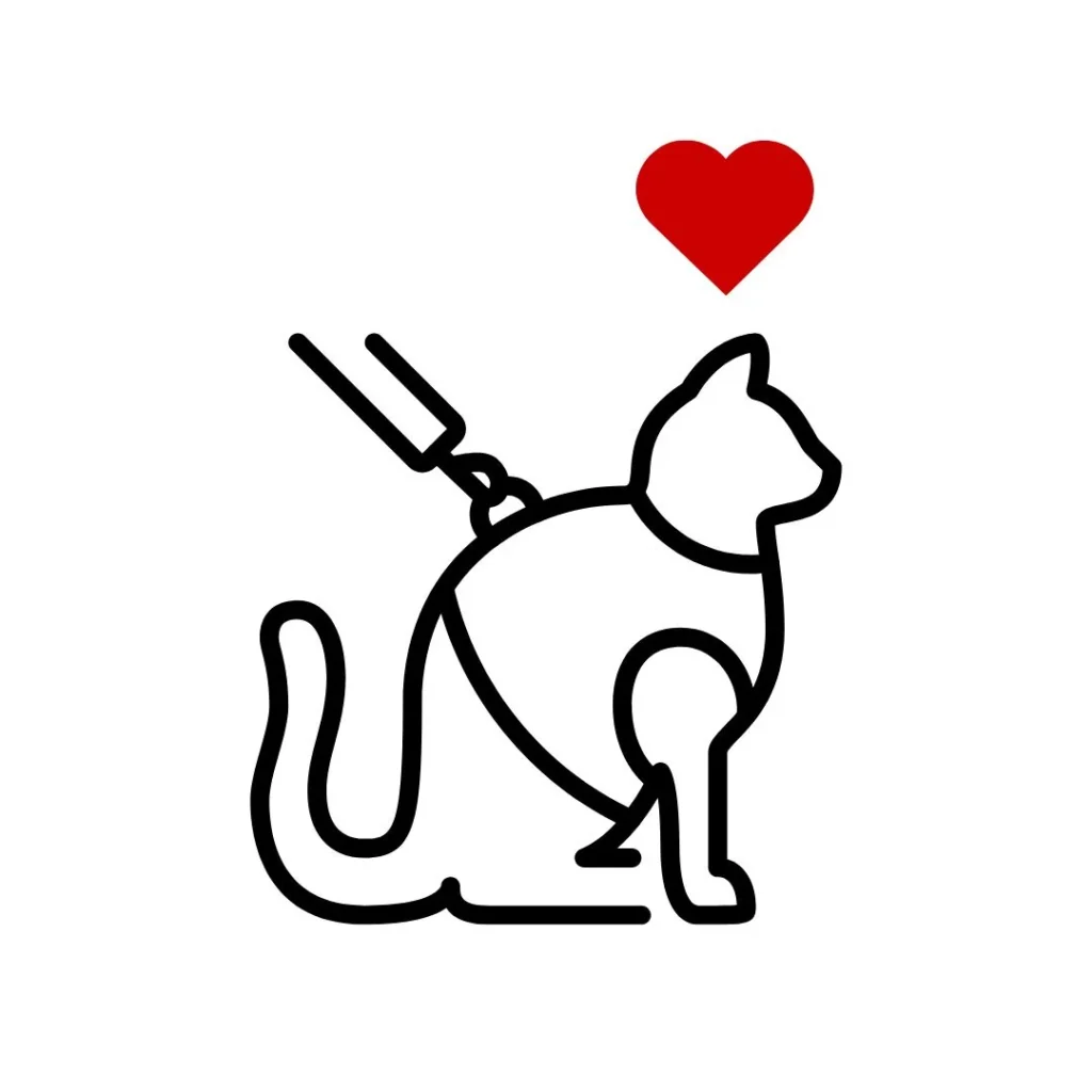 Dibujo de un gato con arnés y correa, acompañado de un corazón rojo.