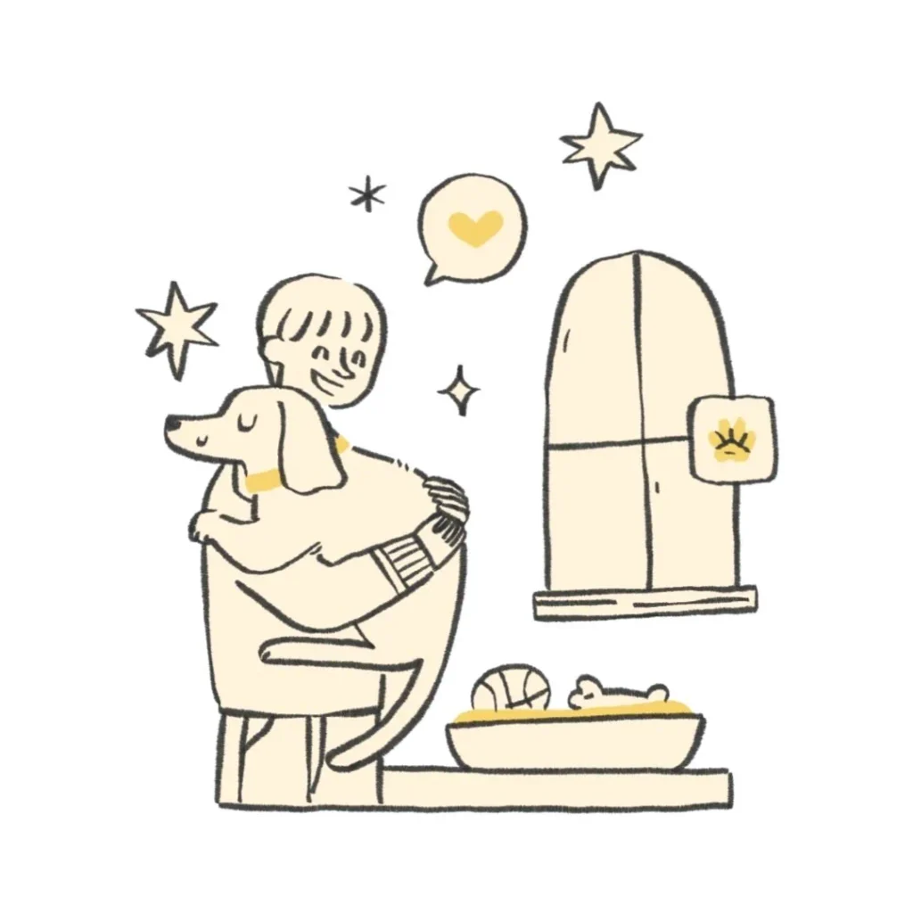 Ilustración minimalista de una persona abrazando a su perro en un ambiente acogedor con estrellas y corazones alrededor.