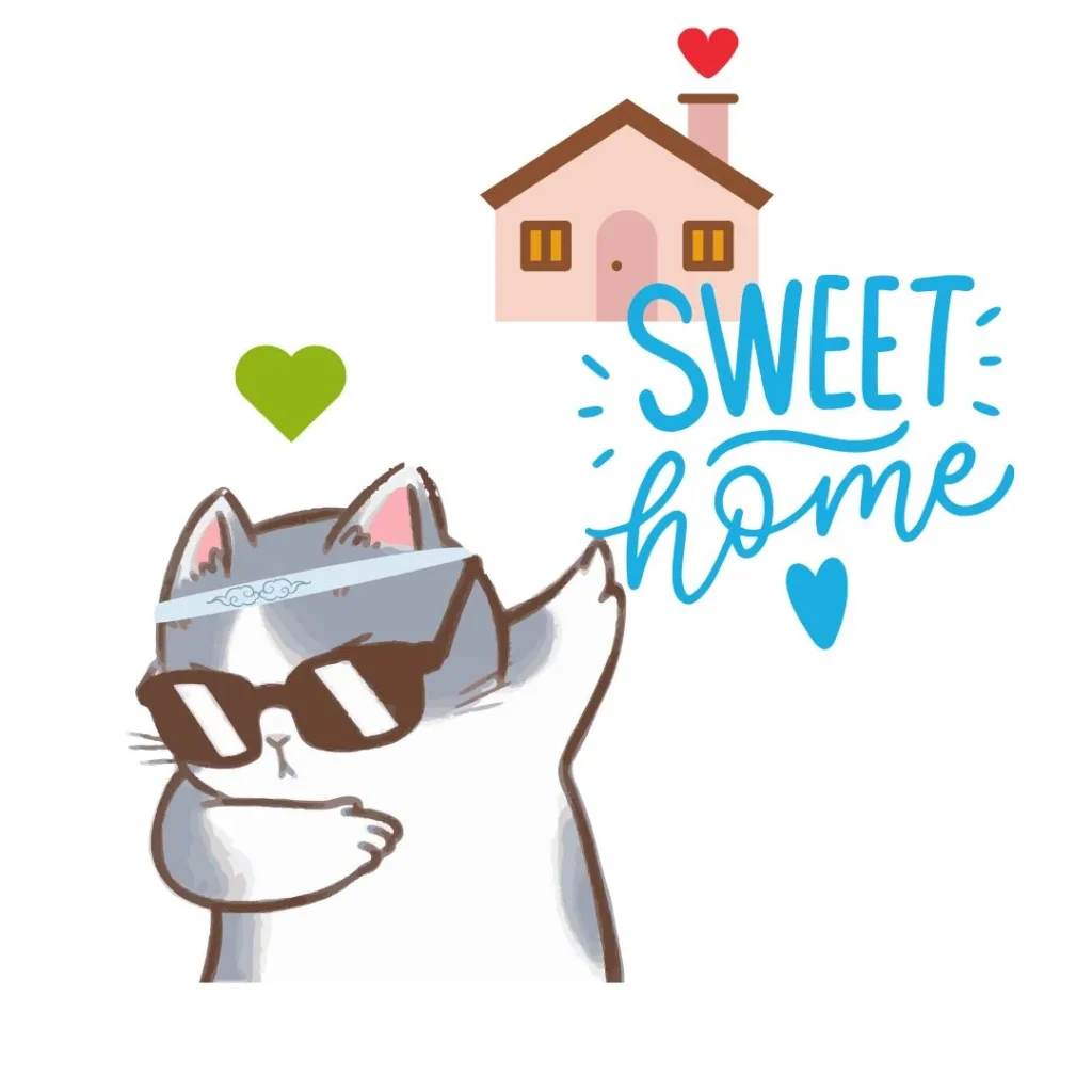Ilustración de un gato con gafas haciendo un gesto de victoria junto a la frase "Sweet Home" y una casa con un corazón.