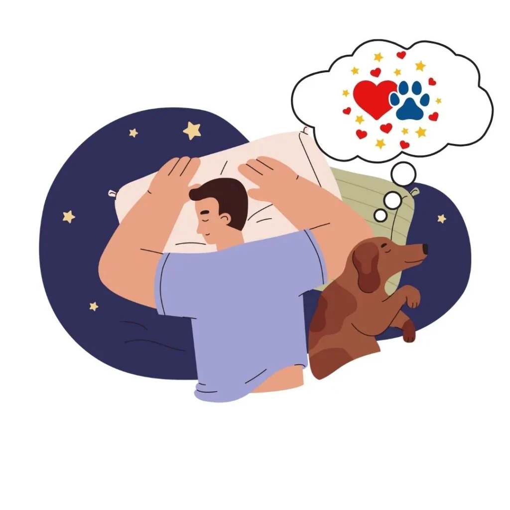 Hombre durmiendo con su perro al lado, ambos soñando con amor y huellas de patas.