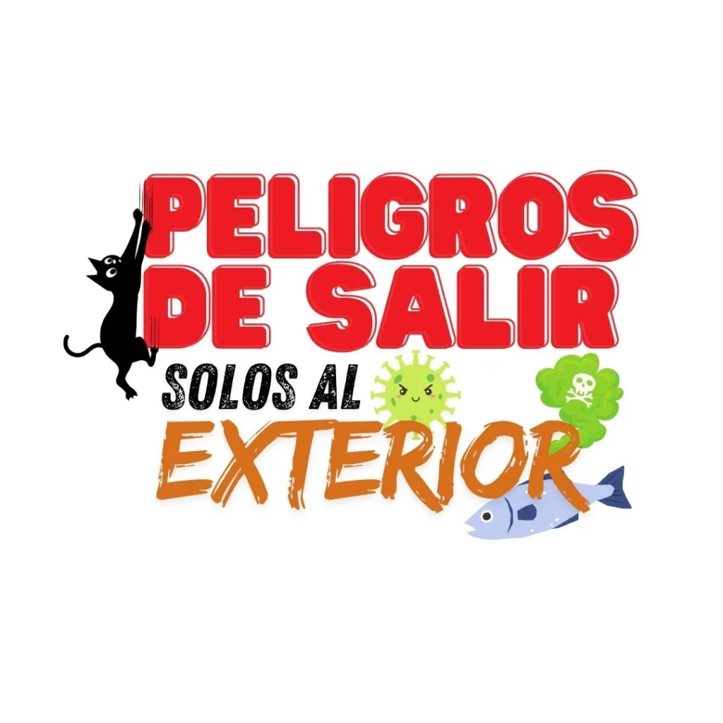 Ilustración con la frase "Peligros de salir solos al exterior", acompañada de un gato, virus, toxinas y un pez contaminado.