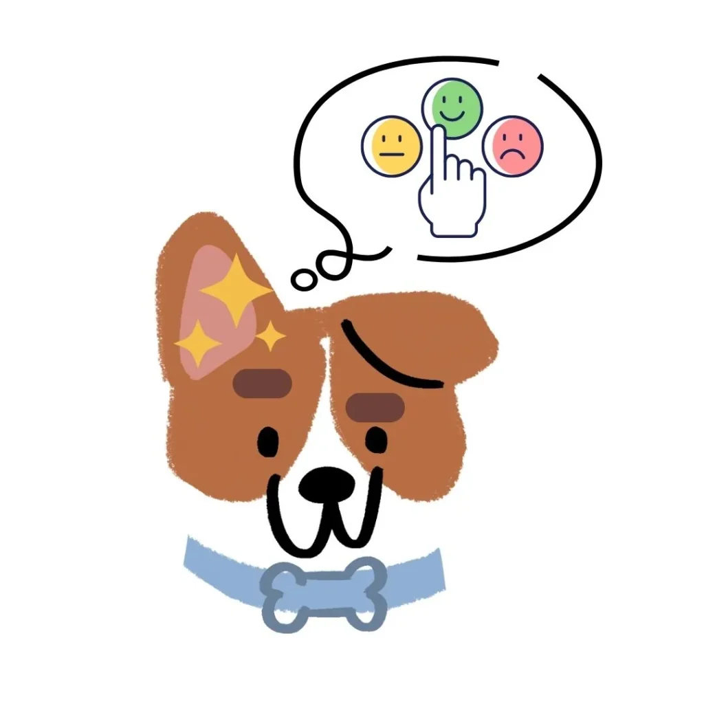 Dibujo de un perro pensando en emociones con un icono de felicidad resaltado.