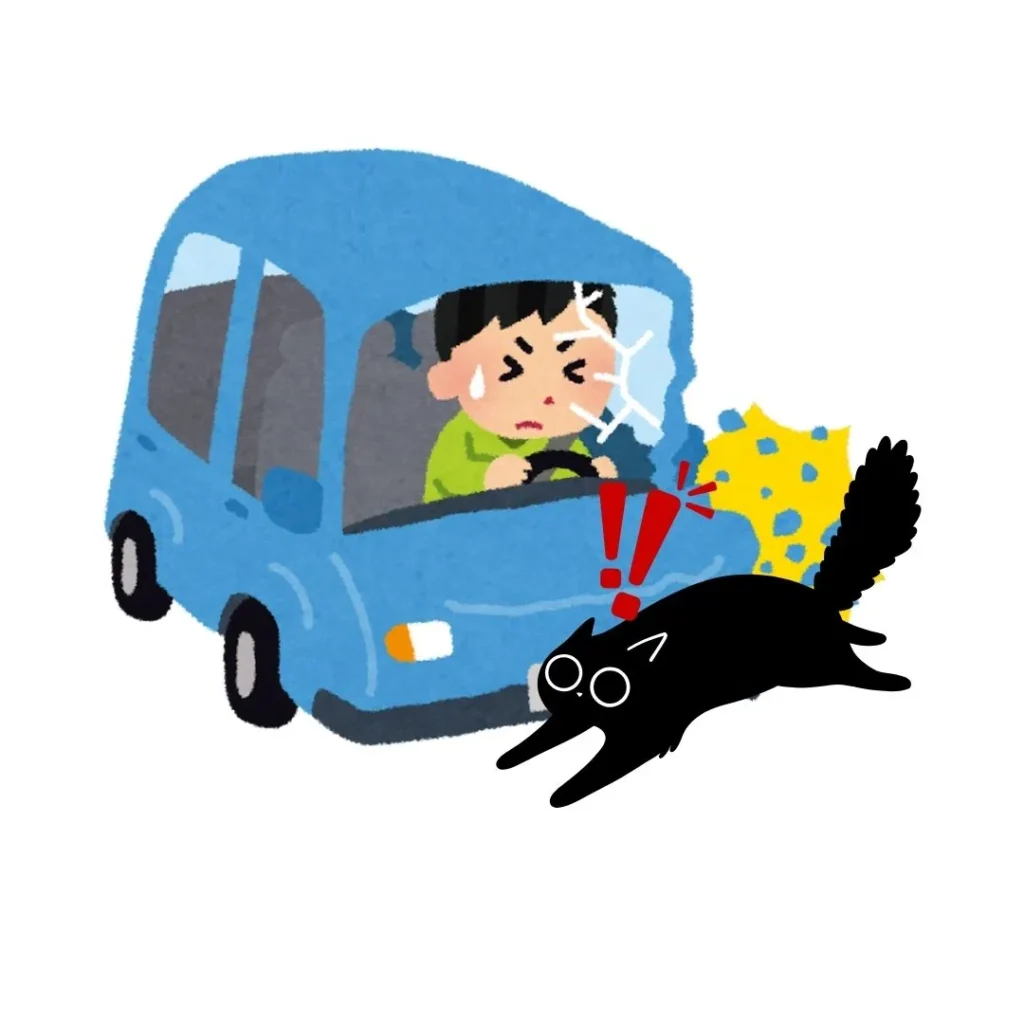 Ilustración de un gato negro siendo atropellado por un coche azul, con un conductor asustado.