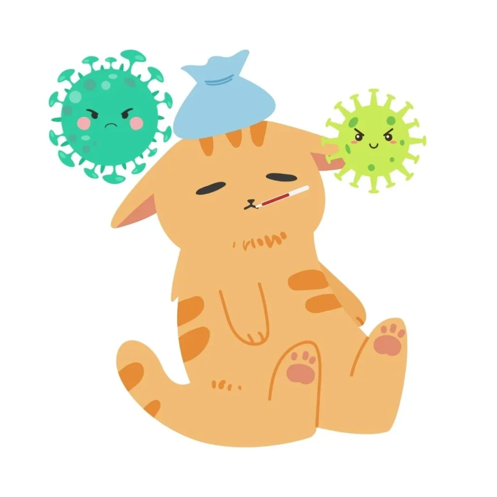 Dibujo de un gato enfermo con fiebre y rodeado de virus.