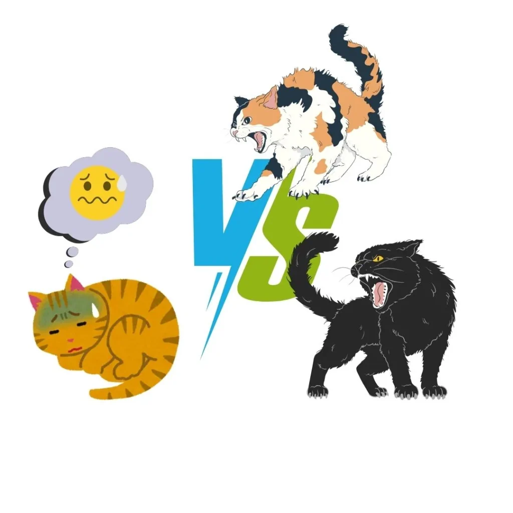 Ilustración de dos gatos peleando agresivamente mientras otro gato asustado los observa.