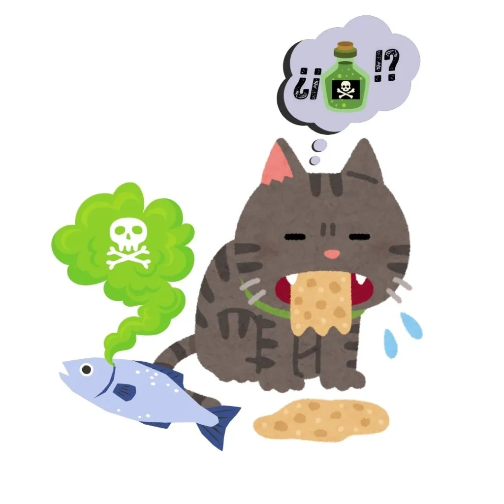 Ilustración de un gato vomitando tras ingerir comida envenenada, con un pez contaminado y una botella de veneno en un pensamiento.