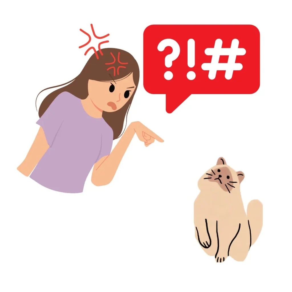 Ilustración de una mujer enojada regañando a un gato, con un globo de texto con símbolos de enojo.