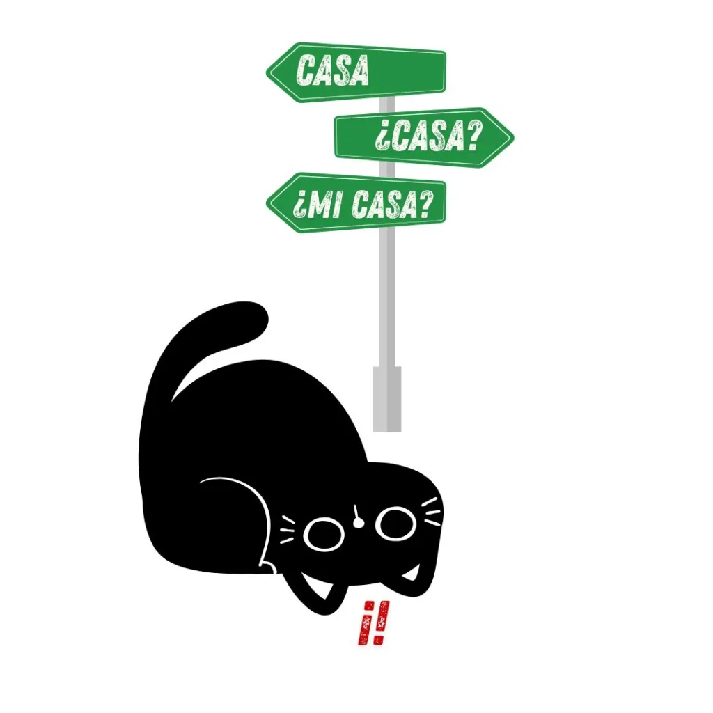 Dibujo de un gato negro confundido frente a señales de dirección con las palabras "Casa", "¿Casa?" y "¿Mi casa?".