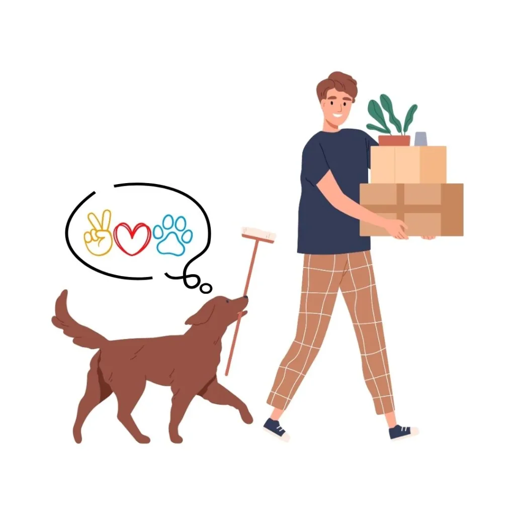 Perro llevando una escoba mientras su dueño carga cajas.