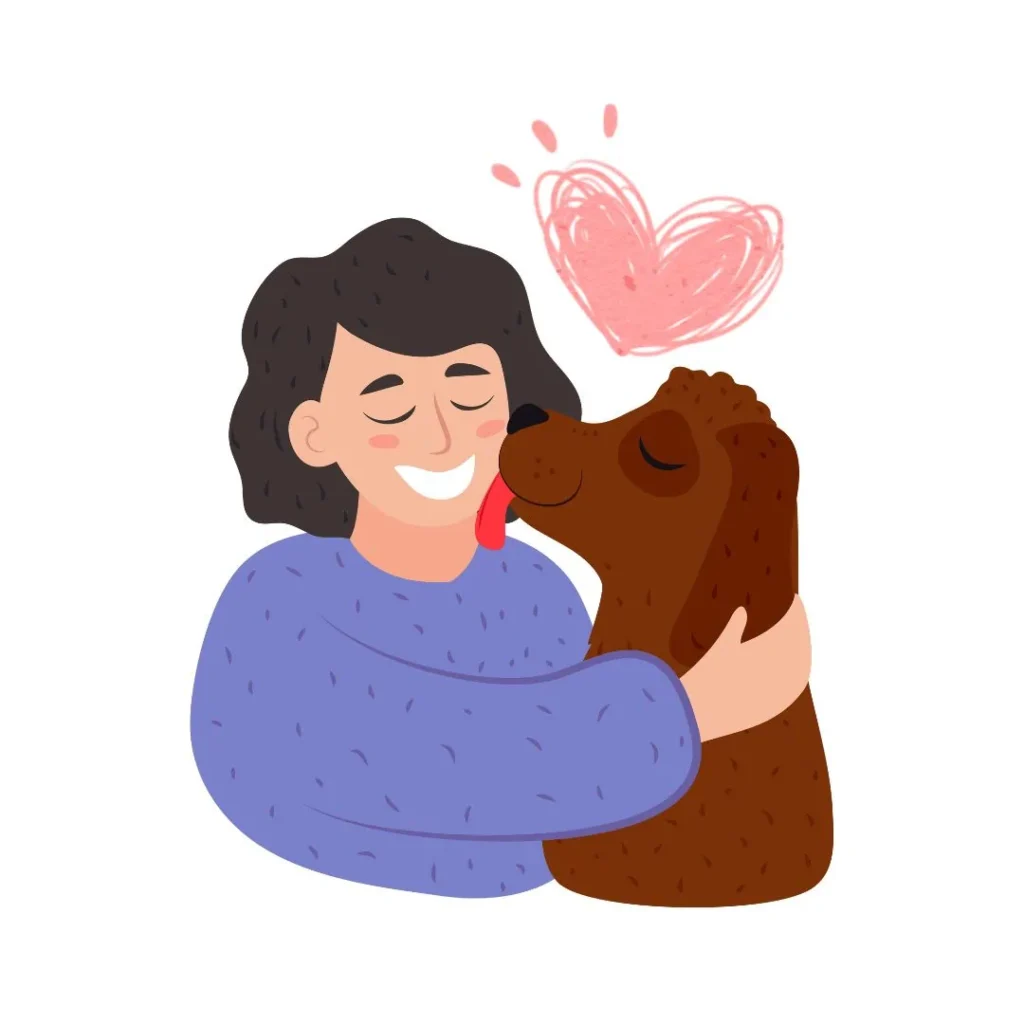 Mujer abrazando a su perro mientras este le lame la cara con cariño.